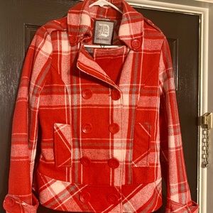 Red plaid double breasted pea coat
